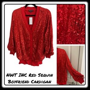 NWT INC Sequined RED Long Boyfriend Cardigan Large Get your “Shimmer On”